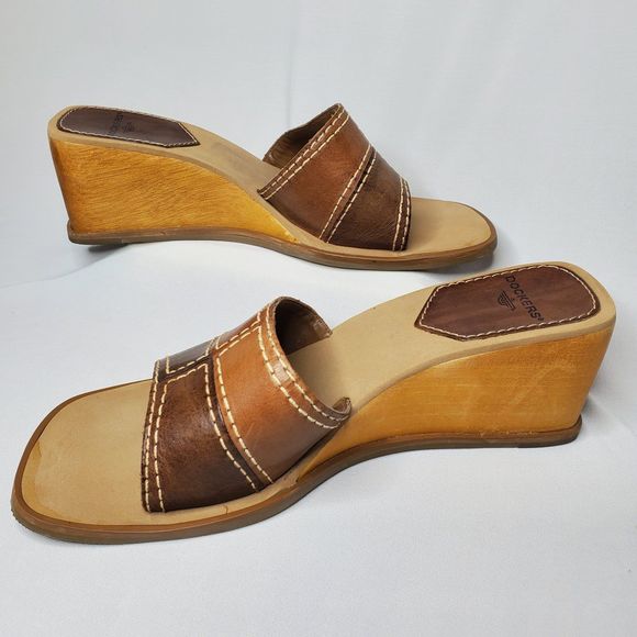 Vintage Y2K DOCKERS Sandals Slip-On Wedge Brown Patchwork Women's Size 8.5 - Picture 2 of 10